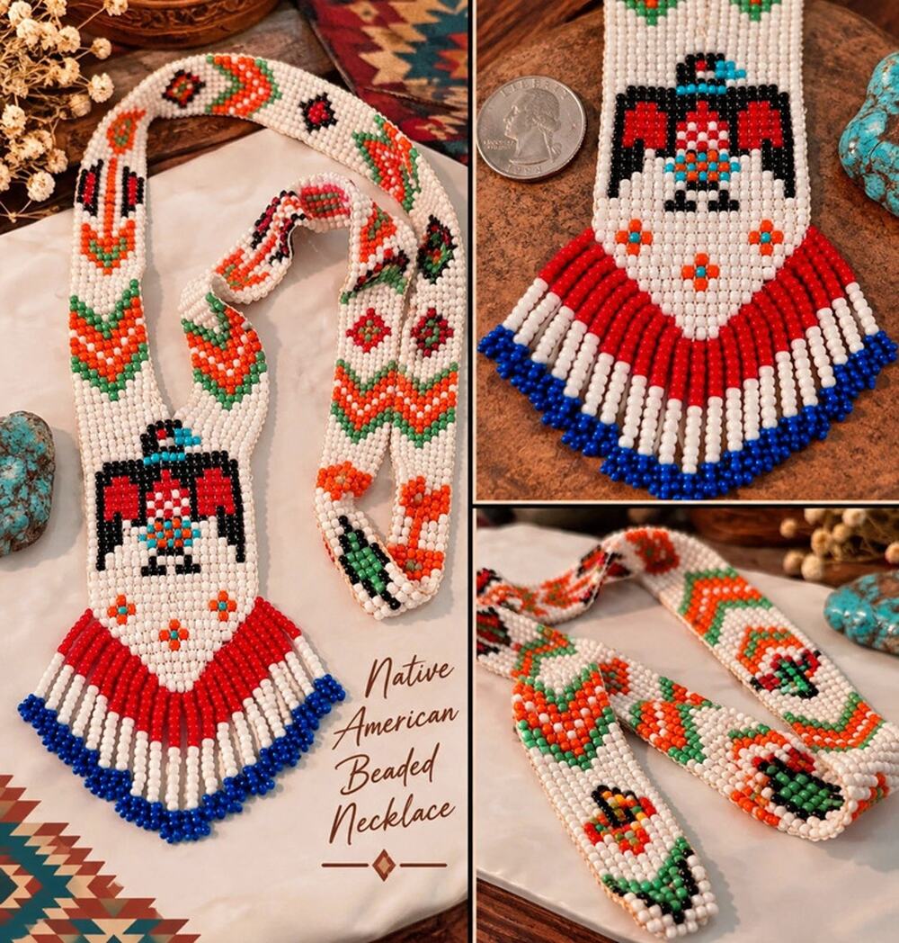 Vintage Thunderbird Motif Loom Beaded Necklace – Southwestern / Indigenous
